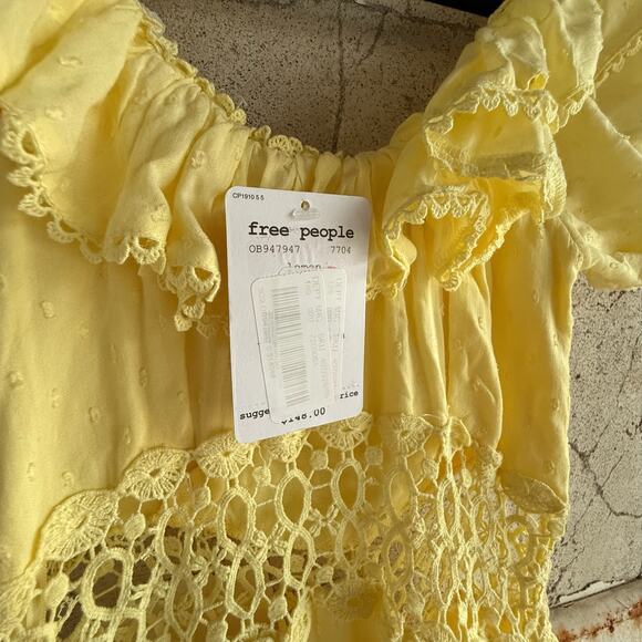 Free People Lemon Yellow Eyelet Mini Dress Romantic Boho Lace Puff Sleeve Size 0 - Picture 7 of 9
